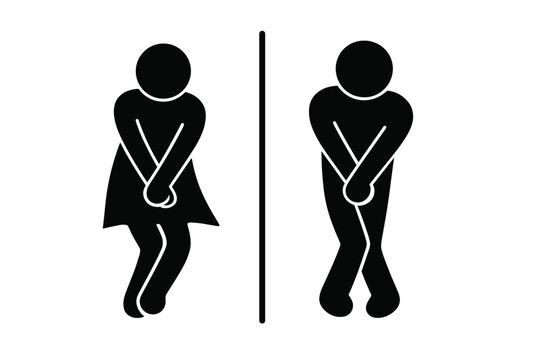 Man and woman silhouettes urgently needing to use the restroom or toilet