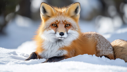 Winter Slumber A Red Fox Nestled in Snow Design Background