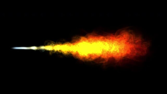 Fiery jet flame animation with bright yellow and red fire and smoke trail
