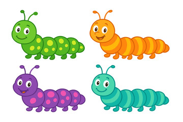 Collection of four adorable smiling cartoon caterpillars in bright colors