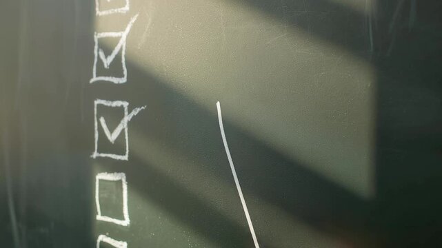 Dark glass surface with glowing white checkmarks checkboxes ticks and diagonal line mark in low light