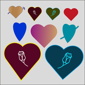 Collection of colorful heart shapes with feather and rose designs on a gray background