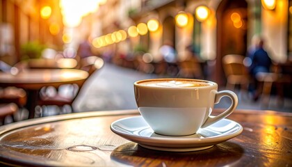 Latte Art Coffee Cup on Wooden Table – Outdoor Café Scene in Warm Sunlight