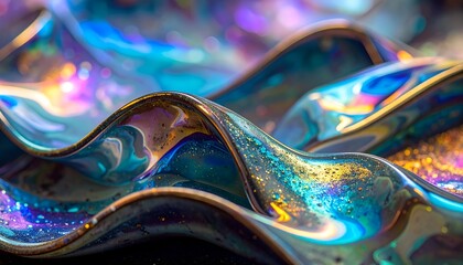 Close-up of iridescent, flowing, and undulating liquid surfaces in vibrant colors
