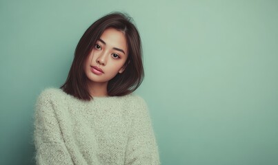 Fototapeta premium A woman wearing a white sweater is standing in front of a green wall