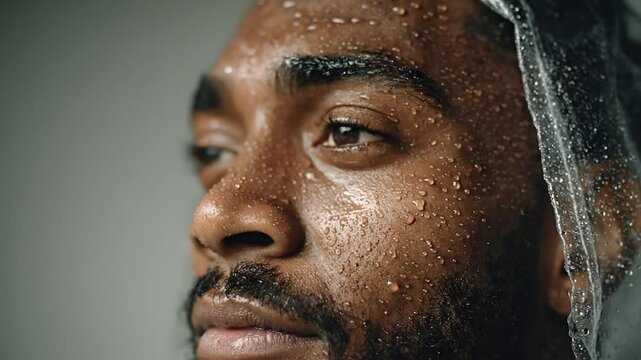 Close-up shot of a man's face drenched in raindrops, wearing a transparent plastic raincoat hood. The water beads highlight his skin texture and determined expression in the damp, moody environment.
