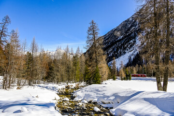 Bever, Spinas, Val Bever, Winterwanderweg, Winterlandschaft, Wintersport, Oberengadin, Beverin, Fluss, Zugfahrt, Beverinbach, Langlauf, Langlaufloipe, Alpen, Arvenwald, Winter, Graubünden, Schweiz © bill_17