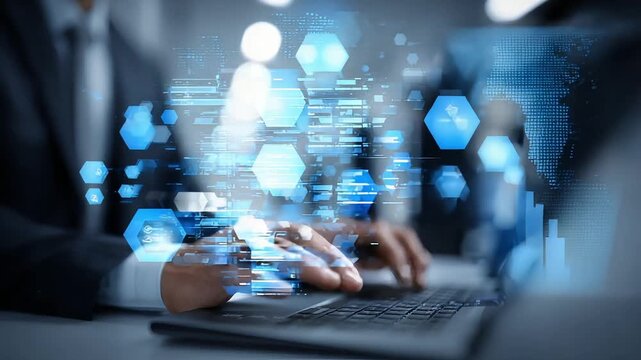 Business professional using technology with futuristic digital interface overlay
