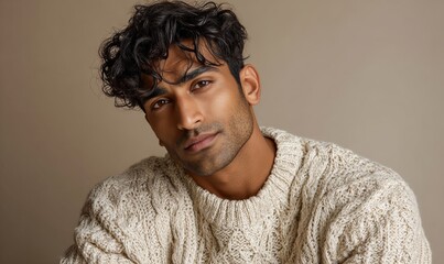 Obraz premium A man with dark hair and a beard is wearing a white sweater