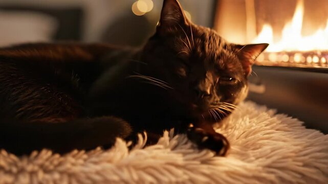 Black cat relaxing on cozy blanket near fireplace. This image represents themes of comfort, warmth, and domestic tranquility, ideal for home decor or pet care content.