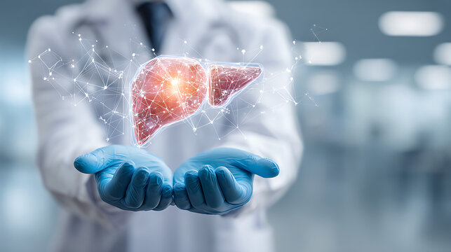 Doctor presenting digital red liver with glowing connections medical healthcare - Powered by Adobe