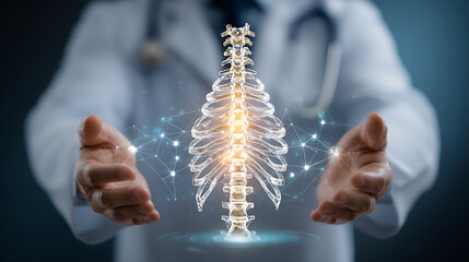 Doctor presenting digital spine with glowing connections medical human anatomy
