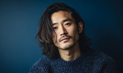 Fototapeta premium A man with long hair and a beard is wearing a blue sweater