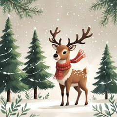 Fototapeta premium Cute Baby Reindeer in Snowy Winter Forest, Whimsical Christmas Illustration with Pastel Colors, Cozy Holiday Cartoon Deer for Kids, Greeting Cards, and Festive Designs