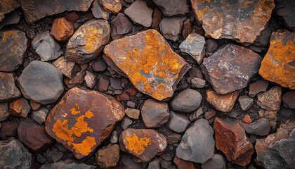 Detailed texture of iron ore rocks and pellets, ideal for use in design projects related to natural resources, mining, geology, and industrial processes