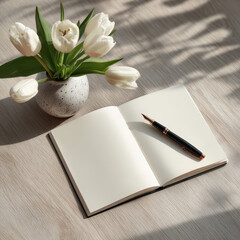 Overhead Flat Lay of a Minimalist Creative Desk Arrangement with Laptop and Flowers