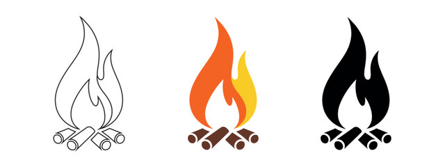 A stylized campfire illustration with logs and colorful flames in red, orange, and yellow shades, in a clean vector design.