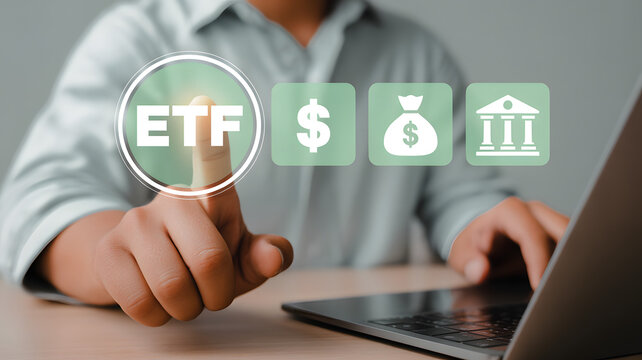 Exchange traded fund concept. Investing in Mutual Funds and ETFs, Business stock market finance index fund. Person using laptop with ETF icon on virtual screen