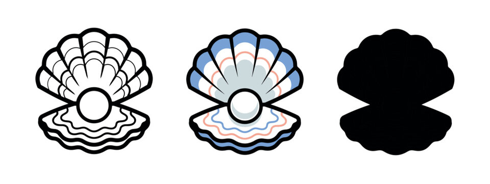 A stylized oyster shell with a pearl inside, featuring light blue and pink hues. A symbol of beauty, wealth, and marine nature.