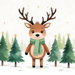 Fototapeta premium Cute Baby Reindeer in Snowy Winter Forest, Whimsical Christmas Illustration with Pastel Colors, Cozy Holiday Cartoon Deer for Kids, Greeting Cards, and Festive Designs
