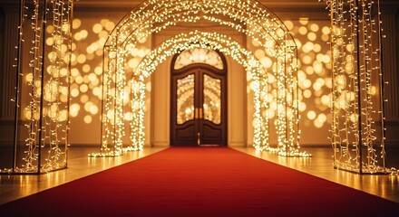Grand entrance with a red carpet and sparkling golden string lights