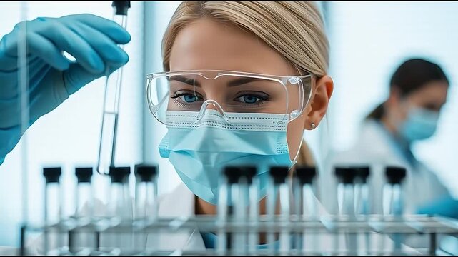 Close up of scientist in laboratory conducting experiment with test tubes
