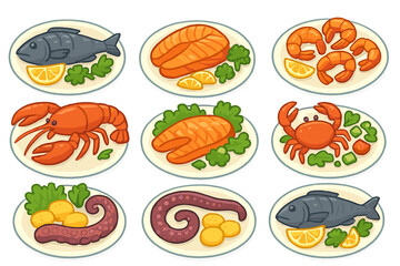 Cooked seafood assortment featuring salmon, shrimp, lobster, crab, and octopus on plates