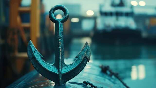 A weathered anchor with a blue patina sits on a wooden boat dock next to a shipping container yard and the ocean, symbolizing maritime heritage.