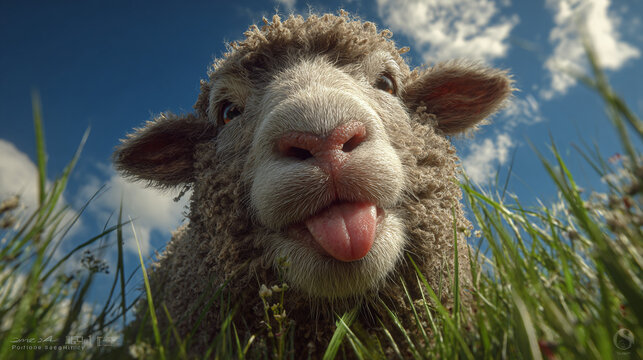 A sheep playfully sticking its tongue out, surrounded by lush green grass, with a bright blue sky in the background