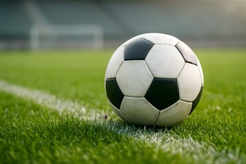 Fototapeta premium Classic soccer ball on green grass field close up