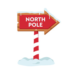 North pole wooden directional signage with snowdrift clip art, Hiking trail illustration vector, north marker Merry Christmas signs, outdoor arrow pole for holiday Christmas ornament marketing card.