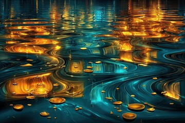 abstract Kumbh Mela spiritual symbolism, flowing river geometry, sacred water patterns, luminous blues and golds, minimal and meditative, no human presence