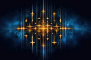 An abstract Hanukkah-inspired light study, eight glowing light pillars plus one central glow, deep indigo background, geometric simplicity, spiritual calm