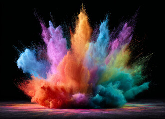 Fototapeta premium Colorful powder explosion, vibrant cloud, black background, dramatic burst