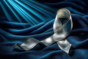 symbolic still-life scene for World Cancer Day: a single white ribbon made of soft fabric resting on a dark blue surface, gentle light rays, hopeful and calm atmospher