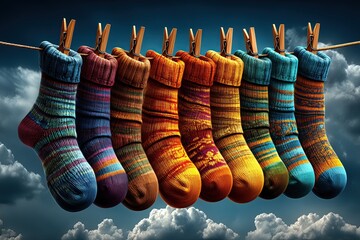 Soft spring renewal image for World Down Syndrome Day (symbolic, respectful): colorful mismatched socks hanging on a clothesline, blue sky backgroun