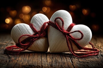 romantic but clean Valentine Day concept: two paper hearts tied together with a red string resting on a wooden table, soft natural light, simple composition, warm emotional tone