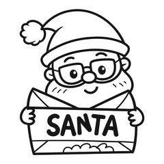 Cute Santa Claus Holding Sign Illustration – Smiling Christmas Santa Character Black and White Line Art