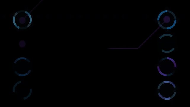 Minimal tech interface frame with glowing blue rings and lines on dark background
