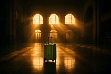 Green suitcase standing alone in grand hall with windows