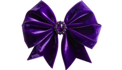 Royal Purple Velvet Ribbon Bow with Gem Cluster Center – Transparent Background PNG