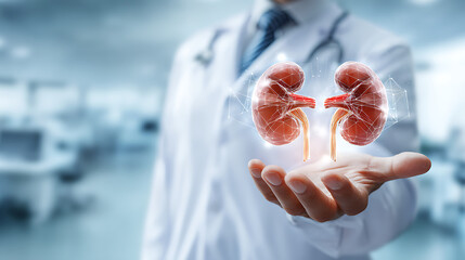 Doctor presenting virtual human kidneys with holographic display image