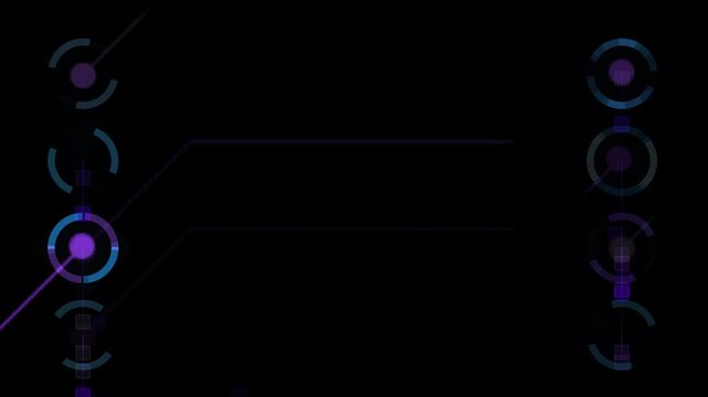 Sci-fi panel HUD animation with purple and blue glowing circuit rings on black background
