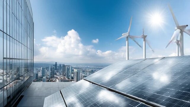 futuristic city powered by renewable energy, solar panels and wind turbines integrated into architecture, clean air, carbon neutral concept, cinematic lighting, ultra-realistic