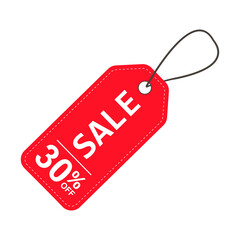 Sale label. Red price tag with a 30% discount. Sale symbol. To attract customer attention. Promotions and discounts. Cheaper than the regular price. Great buy. Special price offer.