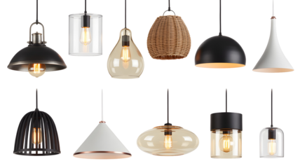 Collection of diverse modern and rustic pendant light fixtures showcasing various designs materials and shapes isolated on transparent background