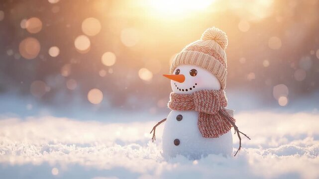 Cute Snowman Wearing Knit Hat and Scarf Standing in Fresh Snow with Soft Winter Light Creating a Warm Festive Seasonal Mood