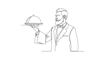 A distinguished waiter in a suit and bow tie presents a covered dish on a tray.