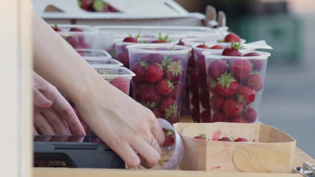 Close-up of vendor hands tearing a receipt from a cash register at a strawberry market stall. Packaged strawberries in plastic containers on the counter in soft daylight