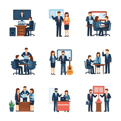 Fototapeta premium Vibrant collection of corporate business illustrations depicting professional interactions team meetings, presentations, online conferences, and negotiations in an office setting